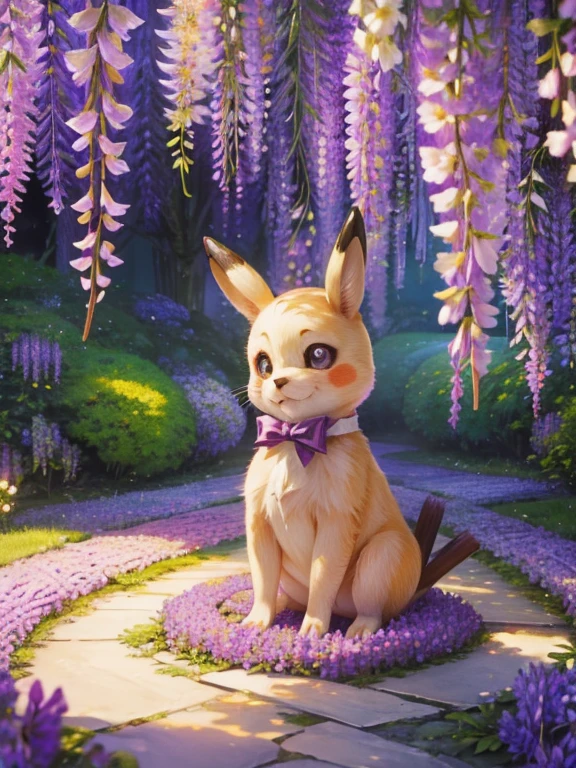 Wisteria flower, Many many shining wisteria flowers, A lot of shining wisteria flowers in an arch shape, Enchanting Locations, Wisterias and Illumination in Ashikaga Flower Park, World of Wisteria Plants, A stuffed Pikachu doll is Leave on the floor, ((masterpiece)), (Photorealistic), (High resolution, Best Quality, Super detailed), Highly detailed CG, (Highly detailed flower:1.2), No humans 