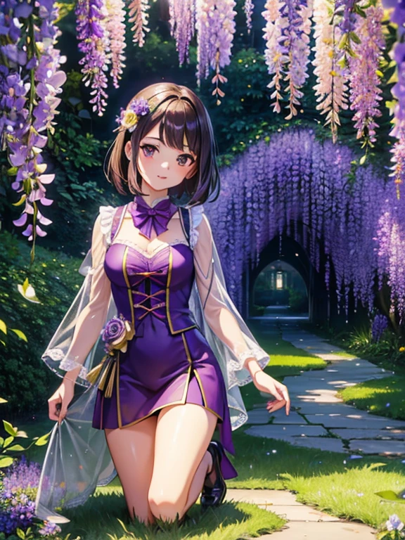 Wisteria flower, Many many shining wisteria flowers, A lot of shining wisteria flowers in an arch shape, Enchanting Locations, Wisterias and Illumination in Ashikaga Flower Park, World of Wisteria Plants, A stuffed Pikachu doll is Leave on the floor, ((masterpiece)), (Photorealistic), (High resolution, Best Quality, Super detailed), Highly detailed CG, (Highly detailed flower:1.2), No humans 