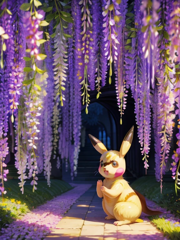 Wisteria flower, Many many shining wisteria flowers, A lot of shining wisteria flowers in an arch shape, Enchanting Locations, Wisterias and Illumination in Ashikaga Flower Park, World of Wisteria Plants, A stuffed Pikachu doll is Leave on the floor, ((masterpiece)), (Photorealistic), (High resolution, Best Quality, Super detailed), Highly detailed CG, (Highly detailed flower:1.2), No humans 