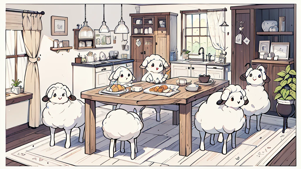 Line Art，Black and White，masterpiece, high quality, (An anthropomorphic lamb)，(An anthropomorphic sheep mother)，kitchen，Dining room，1 table 6 chairs，(Two semicircular windows)，curtain，Clean environment，Log style，Kitchenware Storage，Barbecue Grill，Tableware Storage Cabinet