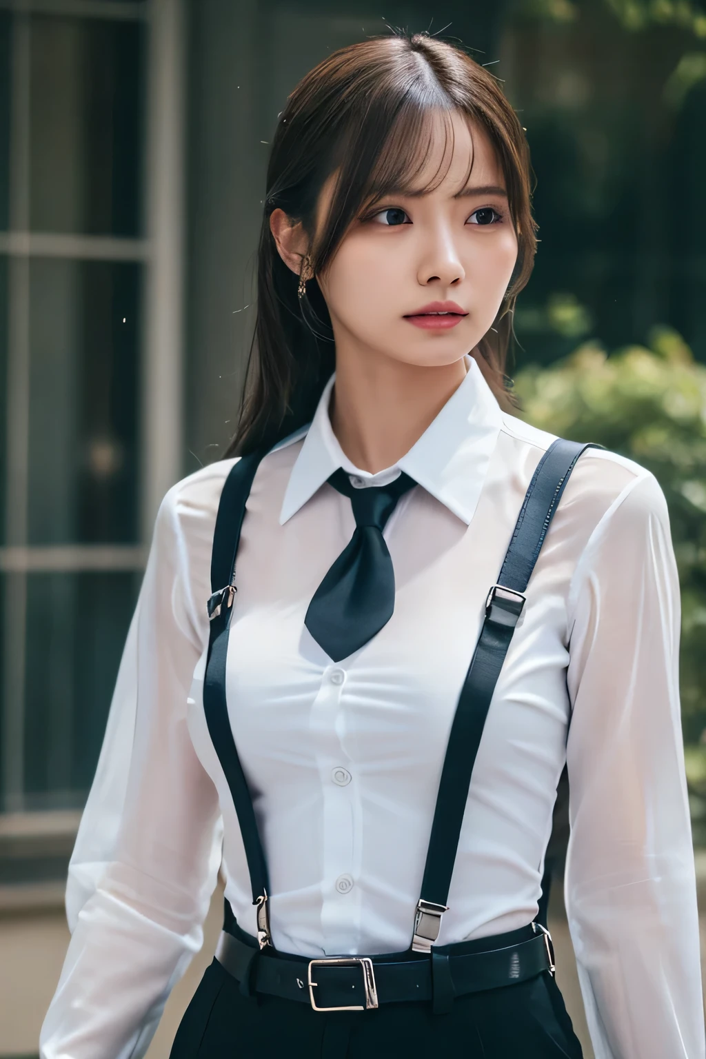 a woman in a suit, belt, hands behind back, sweating, suspenders, black pants, sexly, large breasts, see-through clothing, rain, detective, office worker, white button-up shirt, (best quality,4K,8k,highres,masterpiece:1.2),ultra-detailed,(realistic,photorealistic,photo-realistic:1.37),hyper-detailed,highly detailed face and body, Slender　thin　suspenders　Moderate breasts　See-through shirt　Nipples　holster　chain　Pistol　Armament　criminal　Female criminal　knife 　
