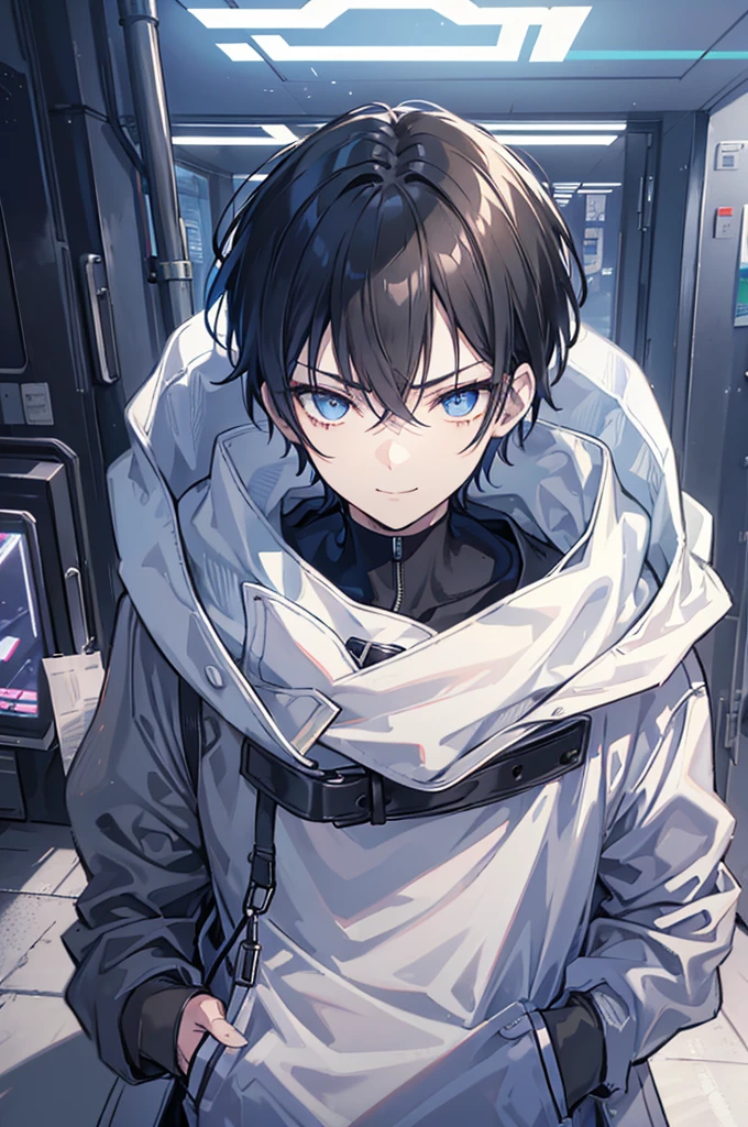 Face_through_torso, 1man, cyberpunk, short_hair(black_hair, hair_between_eyes), sharp_blue_eyes, confident_smile, wearing black hoodie as innerwear, wearing clearly white trench coat, one_hand_in_coat_pocket, mature_male_body_proportions(20s)