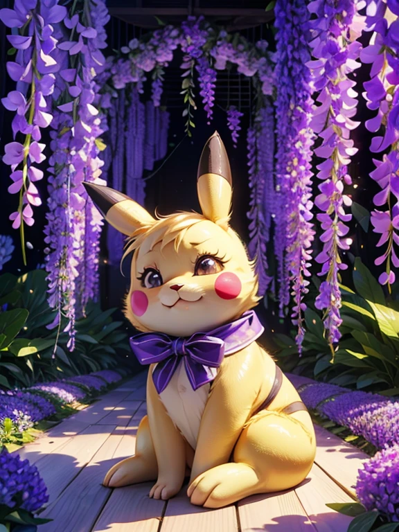 Wisteria flower, Many many shining wisteria flowers, A lot of shining wisteria flowers in an arch shape, Enchanting Locations, Wisterias and Illumination in Ashikaga Flower Park, World of Wisteria Plants, A stuffed Pikachu doll is Leave on the floor, ((masterpiece)), (Photorealistic), (High resolution, Best Quality, Super detailed), Highly detailed CG, (Highly detailed flower:1.2), No humans 