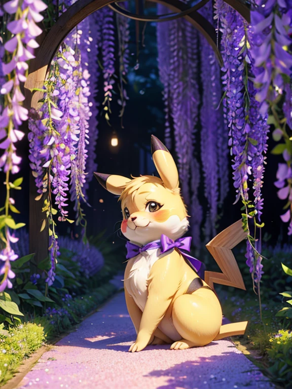 Wisteria flower, Many many shining wisteria flowers, A lot of shining wisteria flowers in an arch shape, Enchanting Locations, Wisterias and Illumination in Ashikaga Flower Park, World of Wisteria Plants, A stuffed Pikachu doll is Leave on the floor, ((masterpiece)), (Photorealistic), (High resolution, Best Quality, Super detailed), Highly detailed CG, (Highly detailed flower:1.2), No humans 