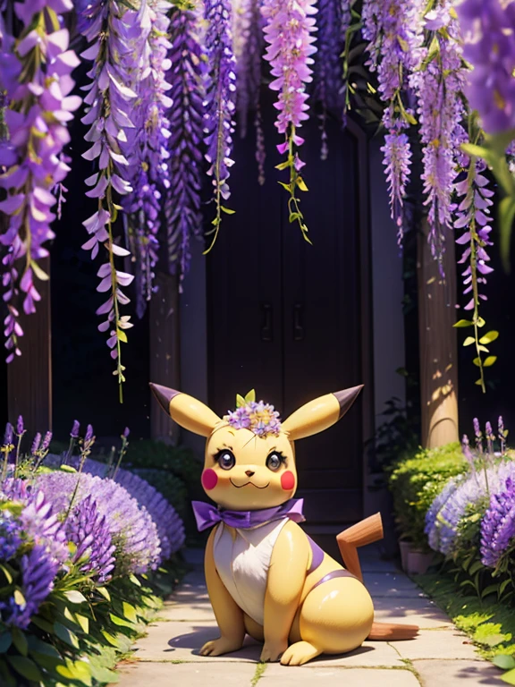 Wisteria flower, Many many shining wisteria flowers, A lot of shining wisteria flowers in an arch shape, Enchanting Locations, Wisterias and Illumination in Ashikaga Flower Park, World of Wisteria Plants, A stuffed Pikachu doll is Leave on the floor, ((masterpiece)), (Photorealistic), (High resolution, Best Quality, Super detailed), Highly detailed CG, (Highly detailed flower:1.2), No humans 