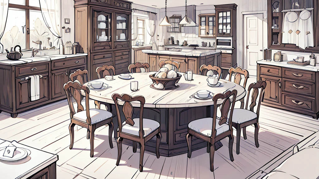 Line Art，Black and White，masterpiece, high quality, Extreme details，(An anthropomorphic lamb)，(An anthropomorphic sheep mother)，kitchen，Dining room，1 table 6 chairs，(Two semicircular windows)，curtain，Clean environment，Log style，Kitchenware Storage，Barbecue Grill，Tableware Storage Cabinet