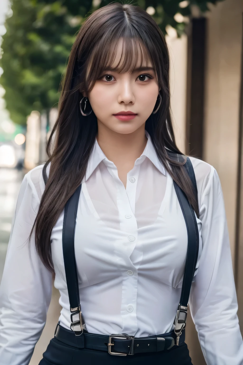 a woman in a suit, belt, hands behind back, sweating, suspenders, black pants, sexly, large breasts, see-through clothing, rain, detective, office worker, white button-up shirt, (best quality,4K,8k,highres,masterpiece:1.2),ultra-detailed,(realistic,photorealistic,photo-realistic:1.37),hyper-detailed,highly detailed face and body, Slender thin suspenders Moderate breasts See-through shirt Nipples holster chain Pistol Armament criminal Female criminal knife