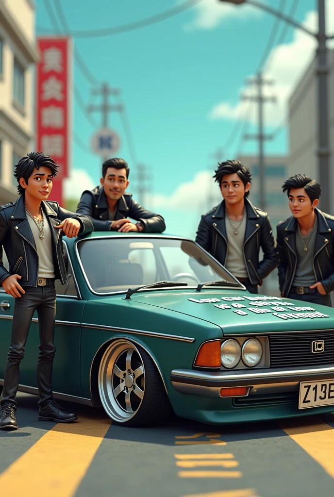 Japanese biker gang, bad biker gang posing coolly next to an old large sedan that has been modified to have an extremely low ride height, the body of the sedan has the words "Low car height is a sign of low intelligence" written on it, comedy scene, funny, 3D animation style, colorful colors, comical drawing, enjoy the sarcasm