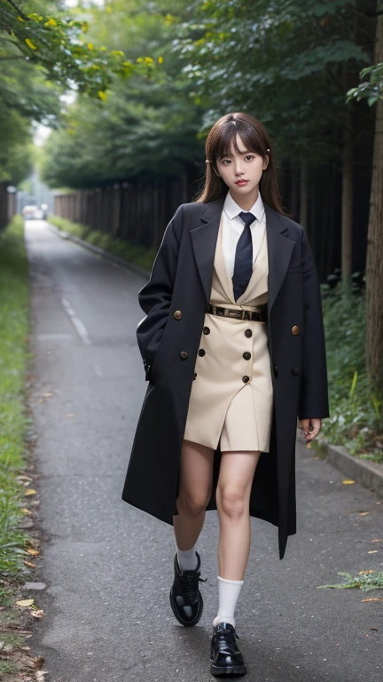 Busty women，Blunt bangs，Thighs，blonde，Voluminous long hair that reaches down to the waist，Wavy long hair，Slim figure，Coat-like school uniform，Carrying a wooden sword，Walking in the woods，Create an image of a “Cho-ran” or “Long Gakuran,” a distinctive Japanese student uniform popularized in the 1980s. The Cho-ran is a variation of the traditional gakuran, a black, button-up school uniform with a standing collar, but with a much longer jacket that typically extends down to the knees. This style was often worn by rebellious students or “yankees” as part of youth subculture. The image should feature a black, knee-length jacket with gold buttons running down the front and a sleek, minimalist design, typical of the era’s school uniforms. The silhouette should reflect its oversized and elongated nature, giving off a bold and unconventional vibe, commonly associated with 80s Japanese delinquent fashion.