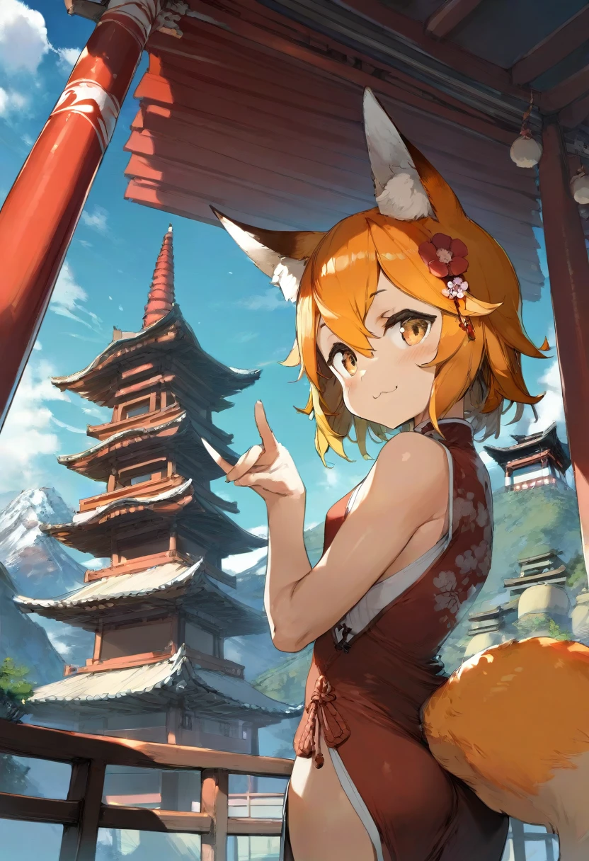 (by kantoku, by cutesexyrobutts, by bodhi wushushenghua:0.8),
1girl, senko \(sewayaki kitsune no senko-san\), fox girl, fox ears, animal ear fluff, fox tail, short blonde hair, hair flower, red china dress, :3, casting fox shadow puppet gesture while hugging own tail, bare shoulders,
outdoors, epic landscape of chinese mountains, pagoda,
best quality, masterpiece,