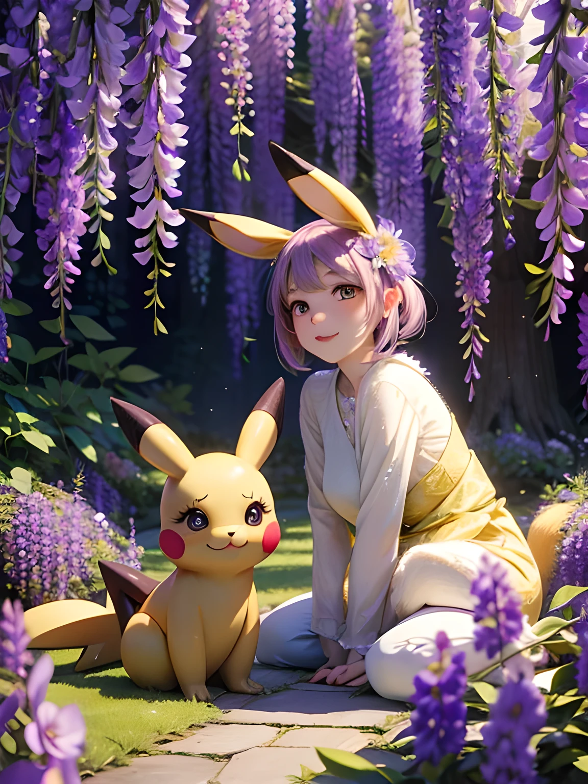 Wisteria flower, Many many shining wisteria flowers, A lot of shining wisteria flowers in an arch shape, Enchanting Locations, Wisterias and Illumination in Ashikaga Flower Park, World of Wisteria Plants, A stuffed Pikachu doll is Leave on the floor, ((masterpiece)), (Photorealistic), (High resolution, Best Quality, Super detailed), Highly detailed CG, (Highly detailed flower:1.2), No humans 