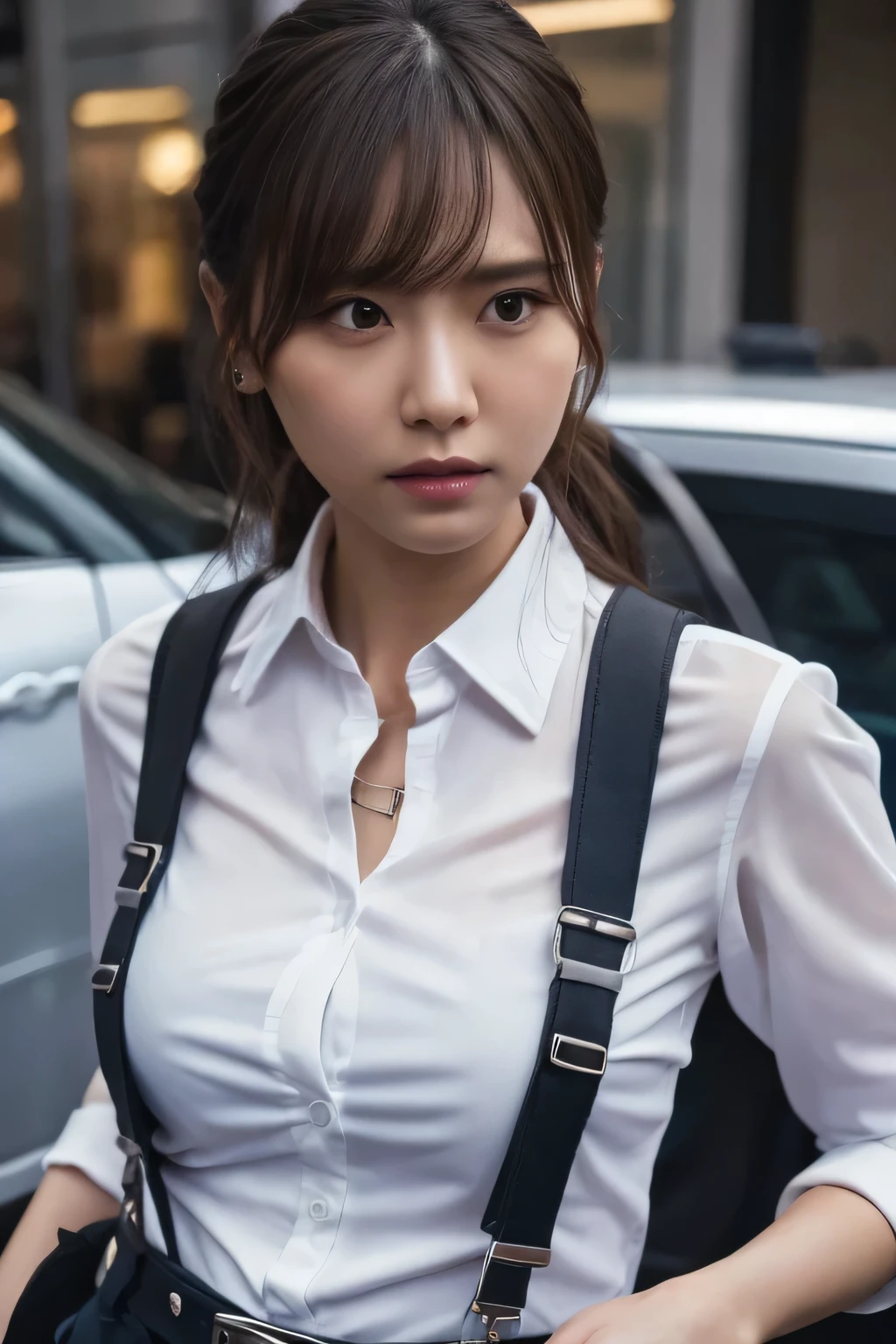 a woman in a suit, belt, hands behind back, sweating, suspenders, black pants, sexly, large breasts, see-through clothing, rain, detective, office worker, white button-up shirt, (best quality,4K,8k,highres,masterpiece:1.2),ultra-detailed,(realistic,photorealistic,photo-realistic:1.37),hyper-detailed,highly detailed face and body, Slender thin suspenders Moderate breasts See-through shirt Nipples holster chain Pistol Armament criminal Female criminal knife