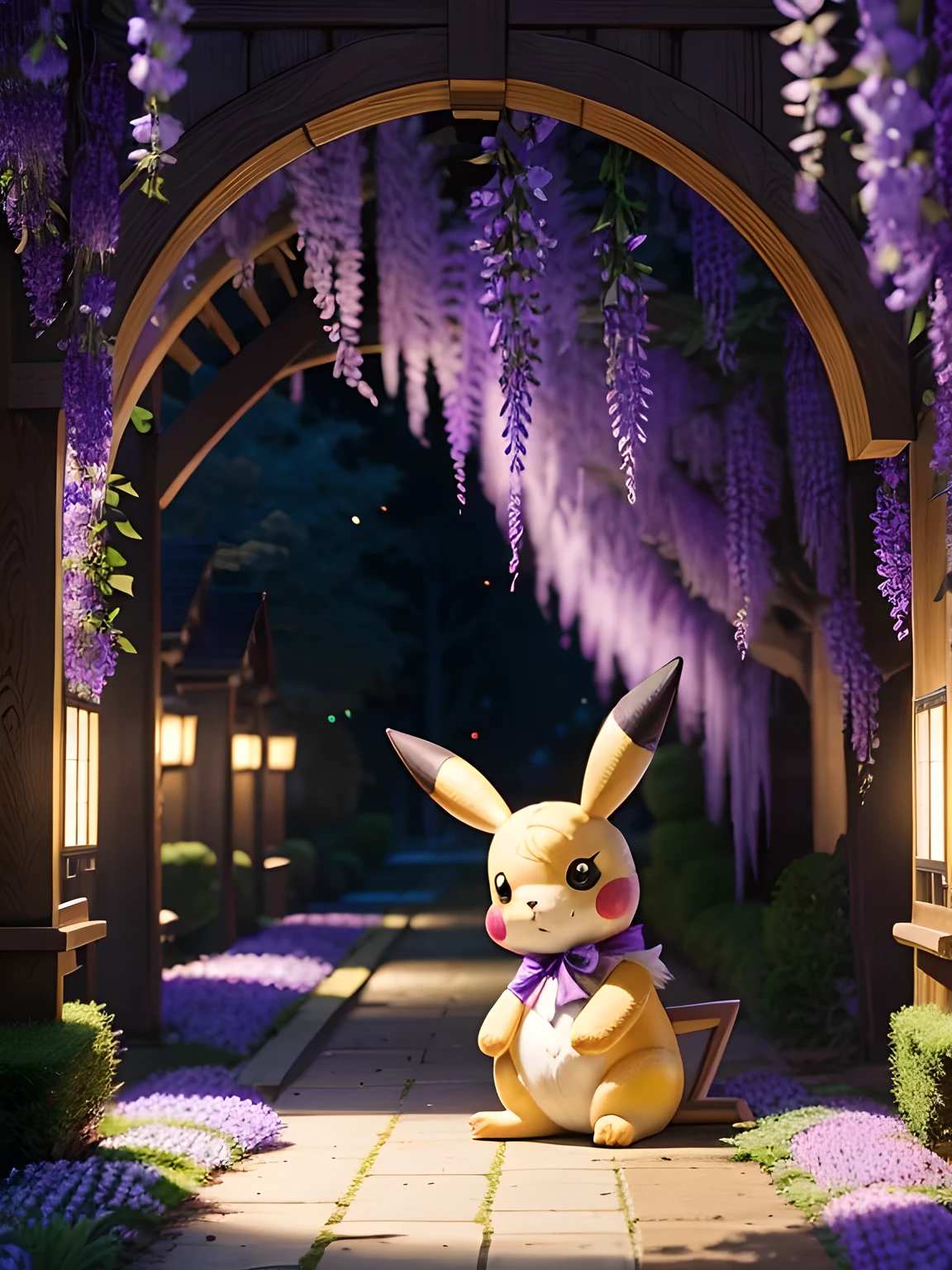 Wisteria flower, Many many shining wisteria flowers, A lot of shining wisteria flowers in an arch shape, Enchanting Locations, Wisterias and Illumination in Ashikaga Flower Park, World of Wisteria Plants, A stuffed Pikachu doll is Leave on the floor, ((masterpiece)), (Photorealistic), (High resolution, Best Quality, Super detailed), Highly detailed CG, (Highly detailed flower:1.2), No humans 