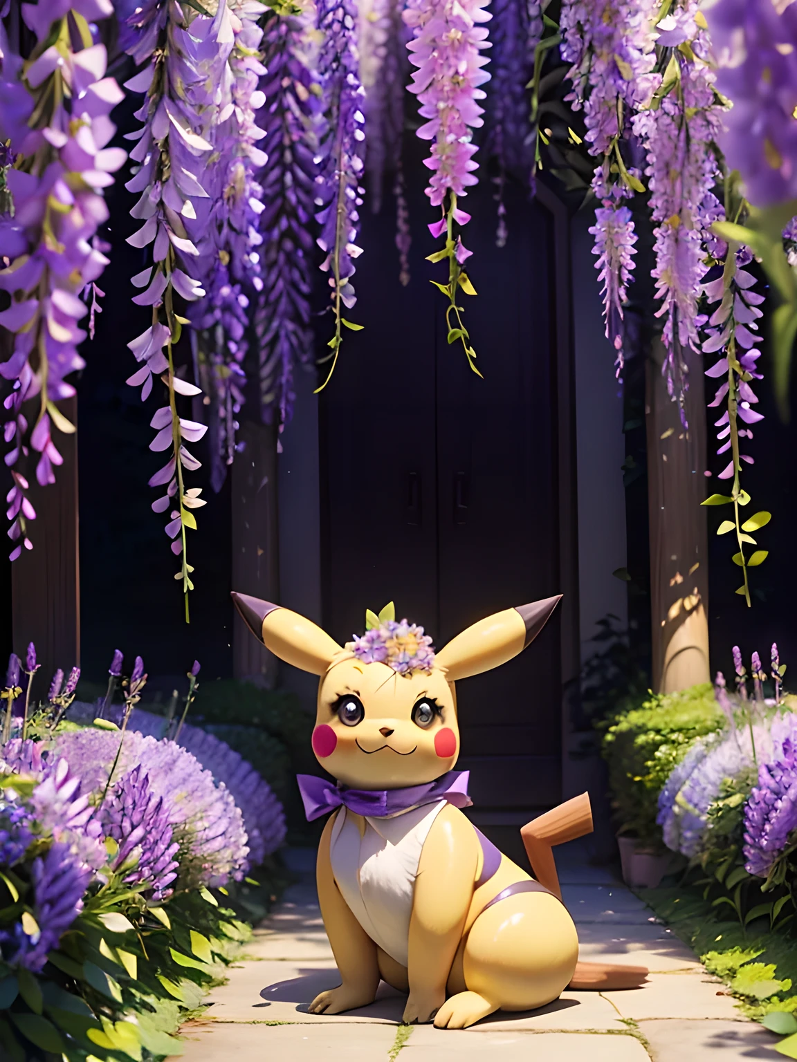 Wisteria flower, Many many shining wisteria flowers, A lot of shining wisteria flowers in an arch shape, Enchanting Locations, Wisterias and Illumination in Ashikaga Flower Park, World of Wisteria Plants, A stuffed Pikachu doll is Leave on the floor, ((masterpiece)), (Photorealistic), (High resolution, Best Quality, Super detailed), Highly detailed CG, (Highly detailed flower:1.2), No humans 