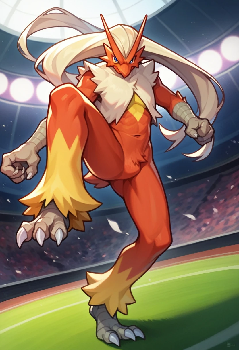 score_9, score_8_up, score_7_up, score_6_up, BREAK source_anime, Blaziken, Pokemon, 1male, solo, angry, kicking, kicking at viewer, on a pokemon battle stadium