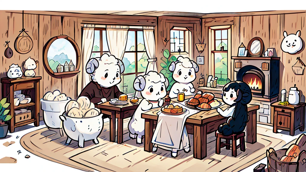 Line Art，Black and White，masterpiece, high quality, Extreme details，(An anthropomorphic lamb)，(An anthropomorphic sheep mother)，kitchen，Dining room，One table and six chairs，((Two semicircular windows))，curtain，Clean environment，Log style，Kitchenware Storage，(Barbecue grill with firewood burning below)，Tableware Storage Cabinet