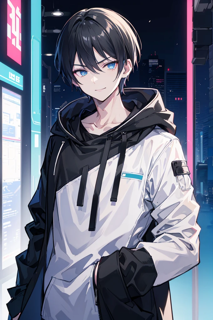 Face_through_torso, 1man, cyberpunk, short_hair(black_hair, hair_between_eyes), sharp_blue_eyes, confident_smile, wearing black hoodie as innerwear, wearing clearly white trench coat, one_hand_in_coat_pocket, mature_male_body_proportions(20s)