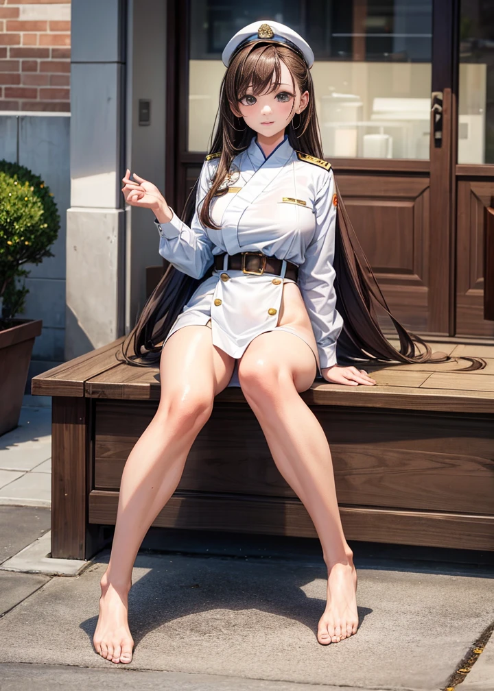 Show your whole body, I can see your feet, Asian Model, Light Brown Hair, Wearing officer&#39;s uniform, blazer, Short pencil skirt, Black pantyhose that are see-through to the waist, Tight nipples, Huge , Exposed cleavage, sneakers, Camel Toe, Modern Office, Huge windows, Are standing, smile