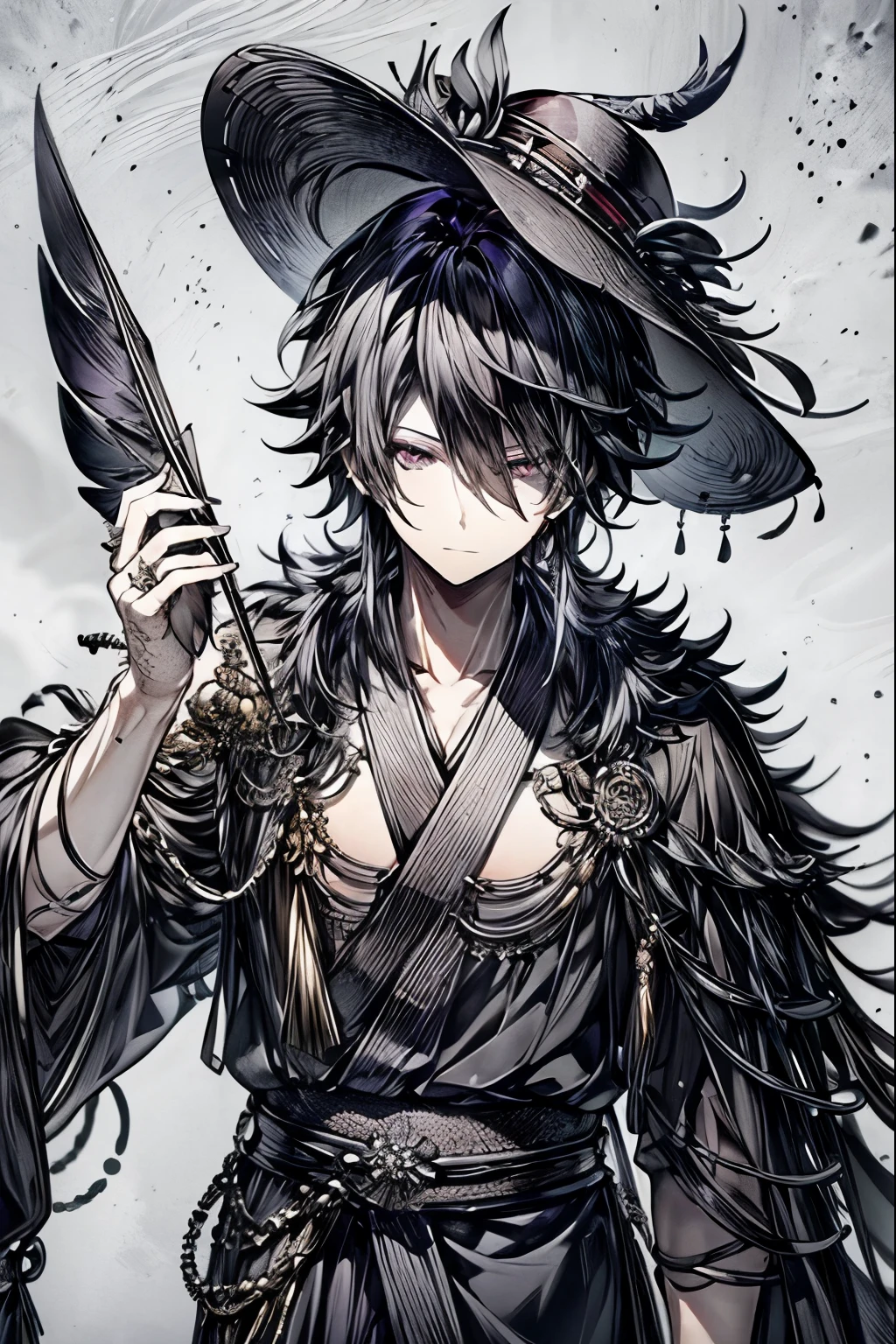 (masterpiece, best quality, perfect face, expressive eyes), 1boy, (male), intricate details, black raven feather cloak, black straw hat, black kimono, black hair, silver eyes, detailed, adult,
