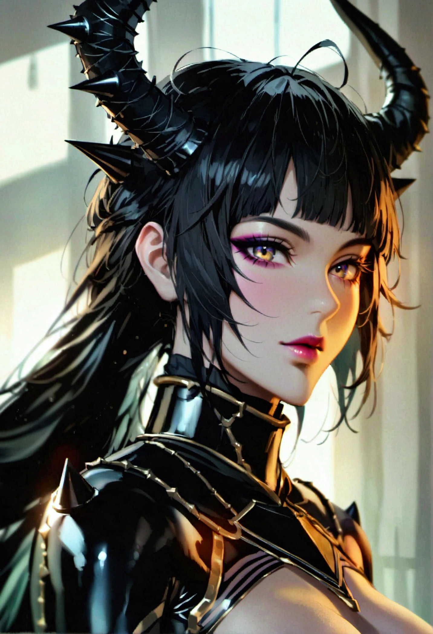 Create an image of the most stunningly gorgeous beautiful shion kijin, Stunningly gorgeous perfect face,  perfect makeup, detailed perfect silky smooth skin texture, detailed hour glass body figure, very long styled hair,  (matte black shion armor spike, one center horn, 