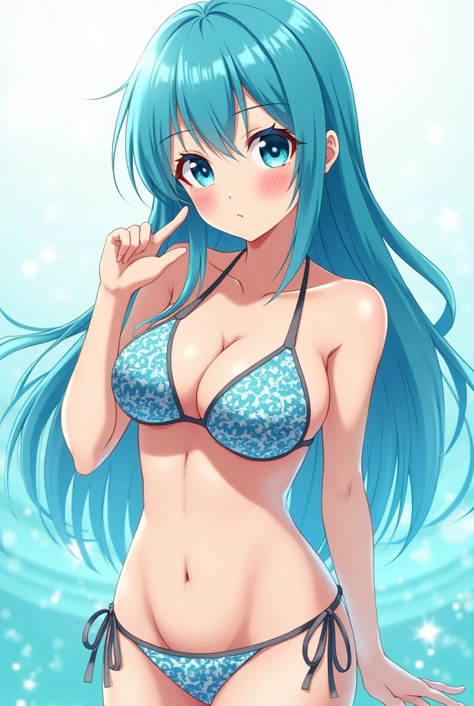 (masterpiece, Highest quality, Ultra-detailed), (figure), (Detailed and beautiful eyes), (1 Girl), (alone), Matsuura Kanan, Blue Hair, Purple Eyes, High Ponytail, Indoor rest, Metallic Ultra Micro Bikini, Watching the audience, Cowboy Shot, smile,  Better Hands, Perfect hands, Five Fingers,See-through nipples,Mansuji,Knee socks,semen,Beautiful eyes,Leg spread,sit