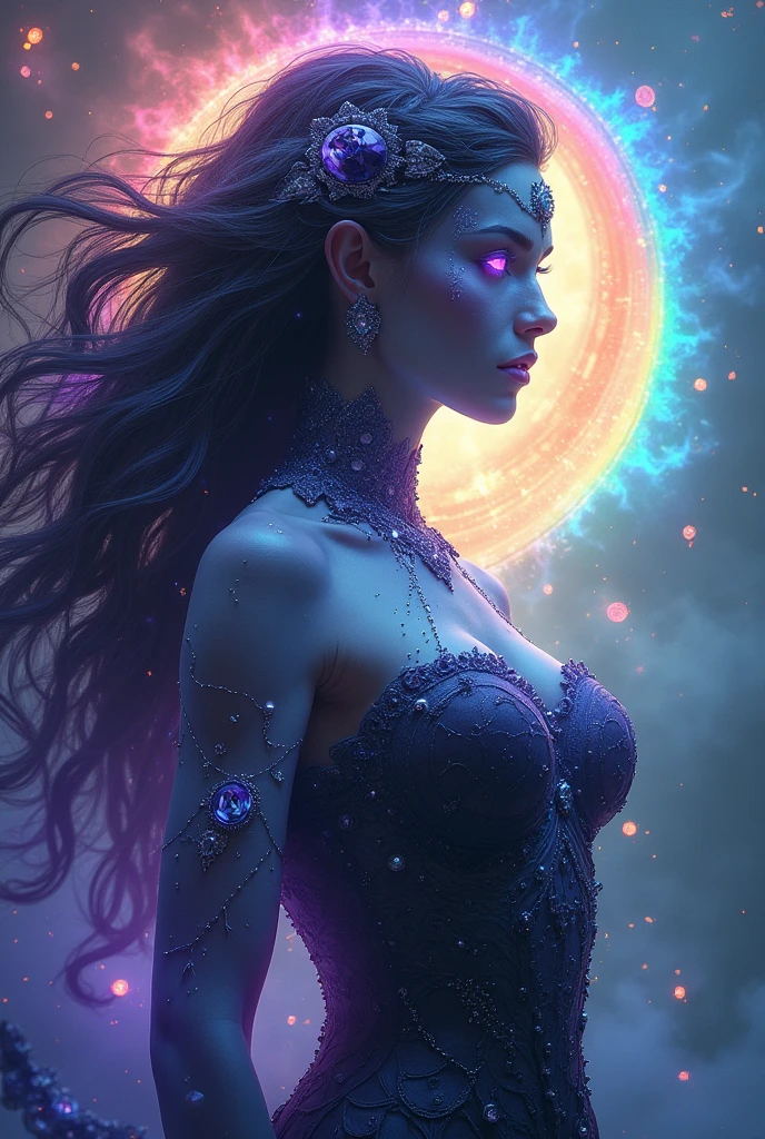 breathtaking masterpiece, best quality, highest quality, highly detailed, exquisite, award winning 8K digital painting of an ethereal and (incredibly beautiful female:1.4) with luminescent body parts that shimmer like stardust (lying gracefully on a steep cliff:1.2), casting a watchful gaze over (the galaxy:1.33), intricate details, BaroqueAI, v0id3nergy, <lora:baroqueAI:0.6> <lora:kVoidEnergy-000001:1>, (black pantyhose:1.3)