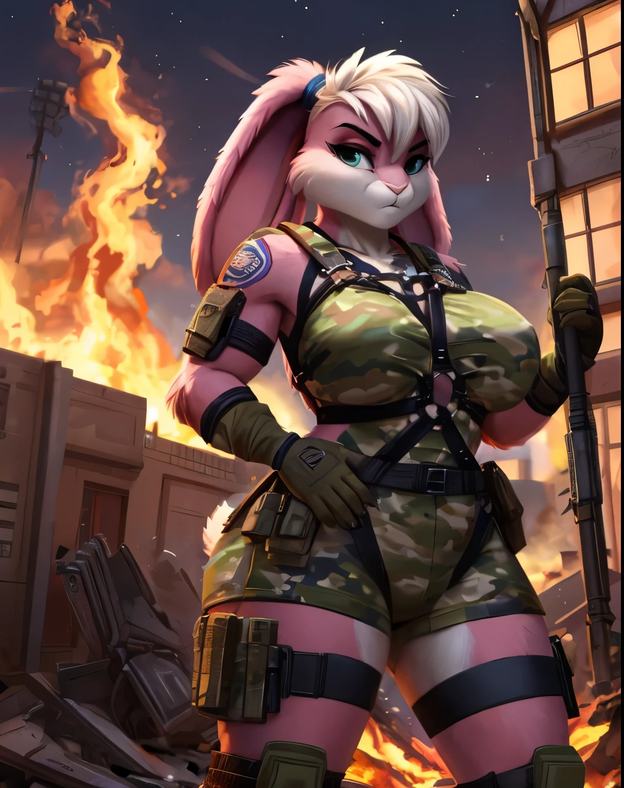 (masterpiece, best quality), 1girl, (big tits), (big ass), thin waist, thick thighs, toned legs, (Rabbit soldier girl :1.2), animal nose, (white and pink fur :1.2), (wearing a green camouflage top and camouflage shorts :1.2), (military equipment :1.2), (knee and elbow pads :1.1), (tactical harness :1.3), (combat boots :1.2), standing, hero pose :1.2, in a futuristic city destroyed by war, burning building in the background, serious expression