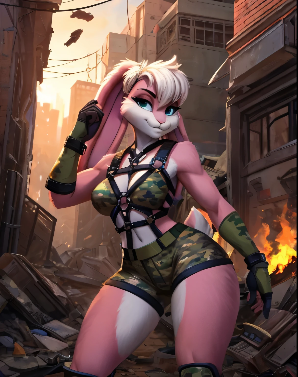 (masterpiece, best quality), 1girl, big tit), big ass, thin waist, thick thighs, toned legs, (Rabbit soldier girl :1.2), animal nose, (white and pink fur :1.2), (wearing a green camouflage top and camouflage shorts :1.2), (military equipment :1.2), (knee and elbow pads :1.1), (tactical harness :1.3), (combat boots :1.2), standing, hero pose :1.2, in a futuristic city destroyed by war, burning building in the background