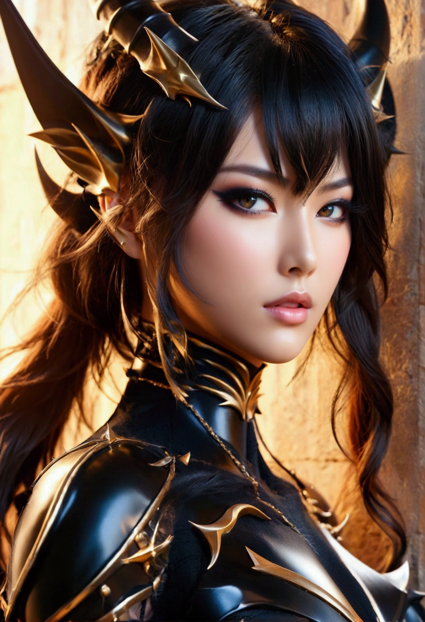 Create an image of the most stunningly gorgeous beautiful shion kijin, Stunningly gorgeous perfect face,  perfect makeup, detailed perfect silky smooth skin texture, detailed hour glass body figure, very long styled hair,  (matte black shion armor spike, one center horn, 