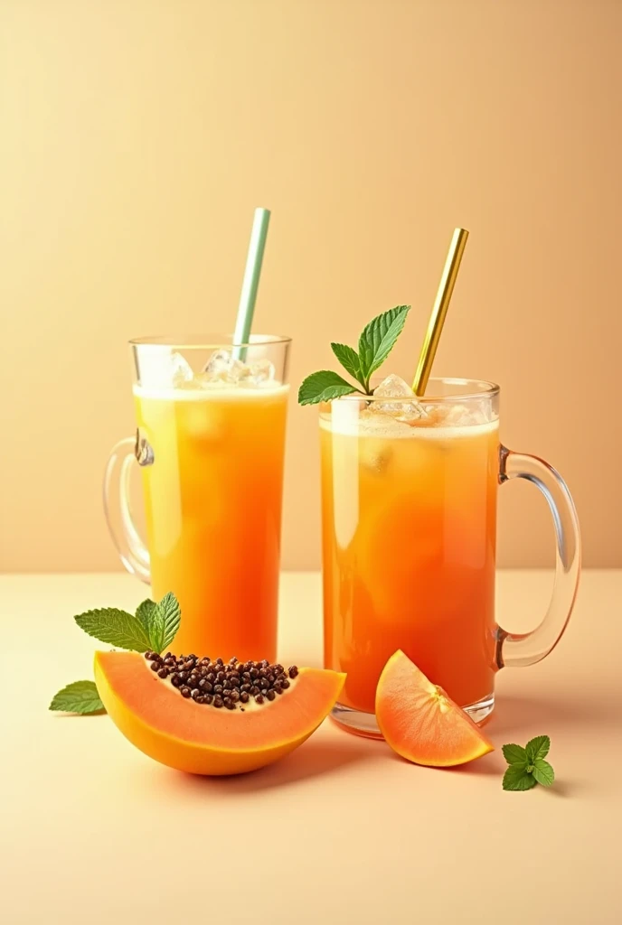 papaya thick juice, papaya slice, transparent 1 glass, transparent 1 mug, transparent, straw in glass, mint leaf, ice cube on top of mug 