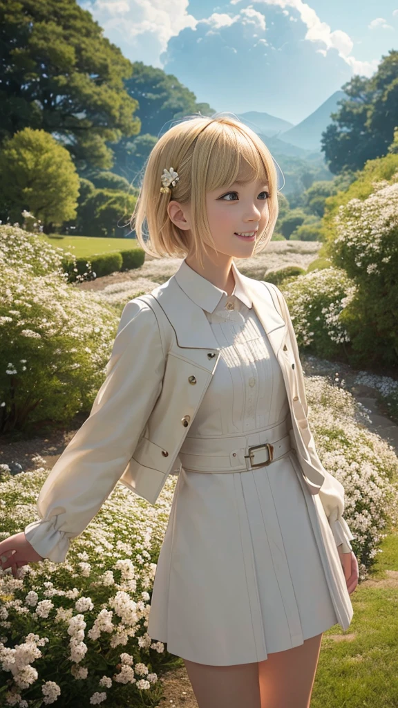 ((masterpiece,best quality)),1girl,solo, (((Chisato Nishikigi))), short hair, light yellow hair, solo, dress, detail eyes, looking at viewer, long sleeves, standing, white mini dress, gloves,hair ornament, black jacket, smile, floating hair, dutch angle, closed mouth, looking away, (center park),cloudy sky, blue sky, warm color,