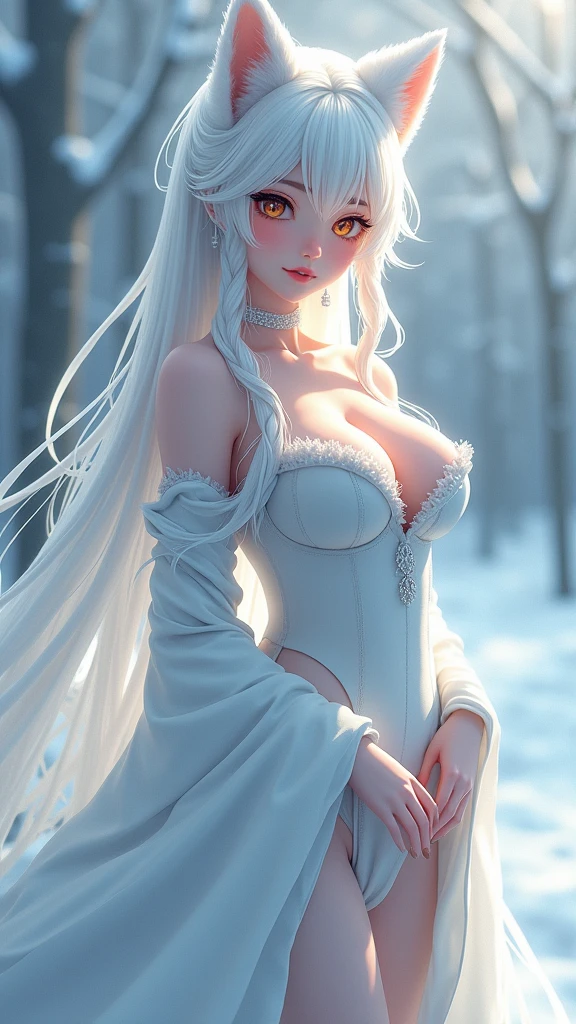 Blonde woman in white dress strolling through snowy forest, winter princess, goddess of winter, Guvez Art style,Fantasyart, CGSTATION Hot Trends,Beautiful digital artwork,The inspiration of Volop and Tranros combined,8K high quality,The story of the union of winter and spring,2.5D CGI fantasy anime art。