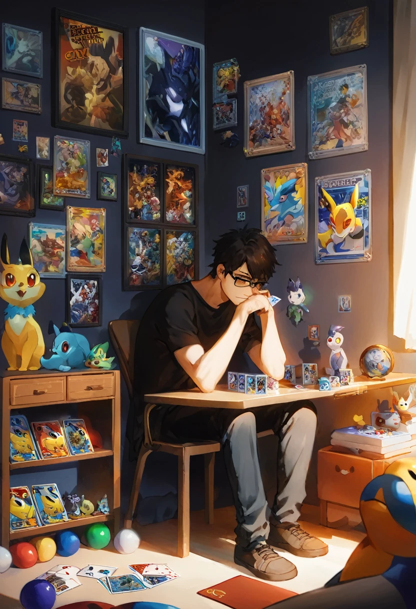 male character (human), adult, brown eyes, rectangular shaped lenses (black frame), short hair, slightly grown at the back (dark coffee colour). Shy traits, lonely appearance. Pokémon cards in hand as he watches them closely. bottom; Bedroom decorated with Pokémon stuff, cards, posters, video game, some anime figures, mostly nerdy and geeky looking, painting the room white. Pose sitting on a chair, close-up of his face (profile 3/4) mientras observa las cards. (SuperQuality:1.2) detailxl