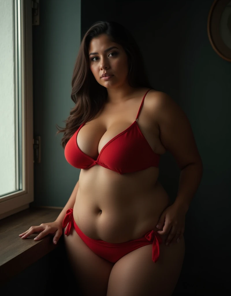 panties down, solo, bra, fat butt, (((very fat voluptuous body:1.6))), realistic body, wet pussy, (front view), riding sex