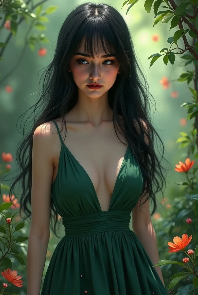 Create a realistic image of a Japanese woman with long black hair and green eyes, and a snake tattoo on her left thigh. 