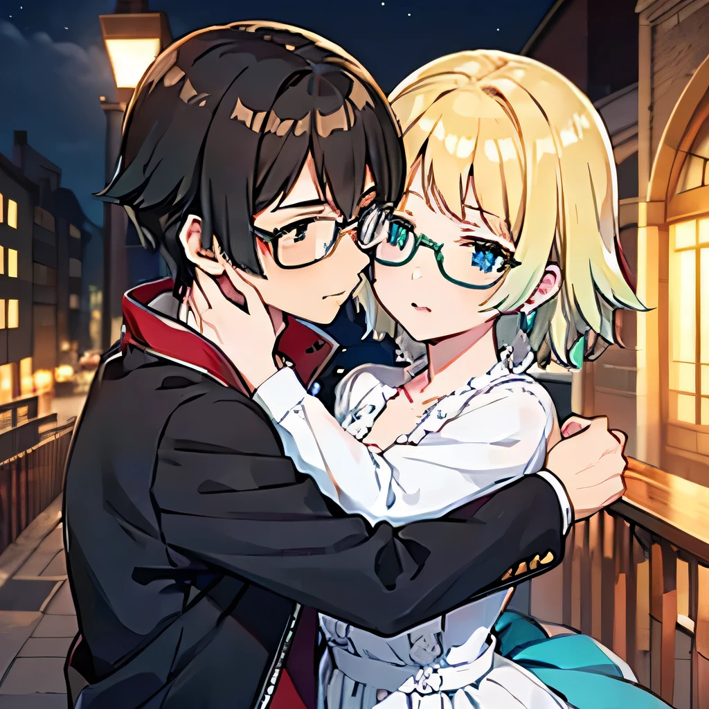 1 boy with black hair, Red jacket and glasses romantically kissing a girl with blonde hair with green tipsand blue eyes, white dress. Church at night in the background., True love, blushing cheeks, high quality 