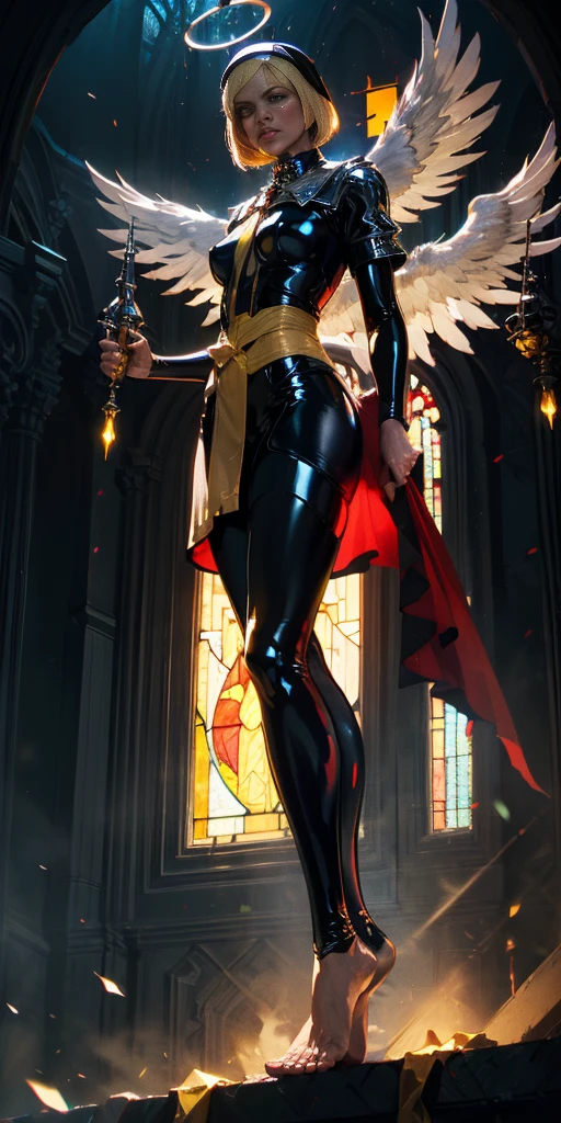 low angle, from below, latex nun lady in black legwear, glowing yellow eyes, collar,  wide hips, barefoot, angel wings, pauldrons, halo, bob cut, blonde, eye focus, red cape, temple indoors, decorations, stained glass windows, night, particles, chromatic aberration, detailed, cinematic, dark scene, fantasy