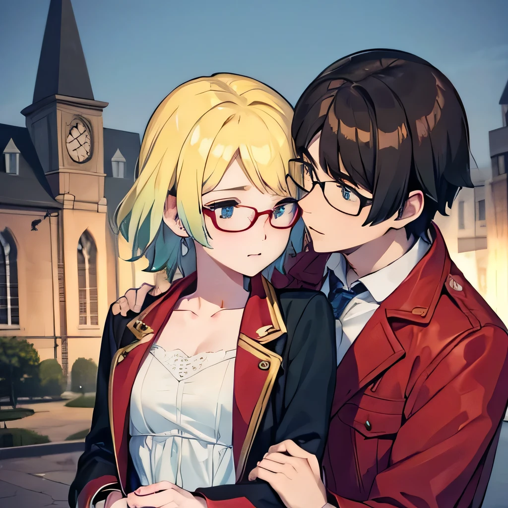 1 boy with black hair, Red jacket and glasses romantically kissing a girl with blonde hair with green tipsand blue eyes, white dress. Church at night in the background., True love, blushing cheeks, high quality 