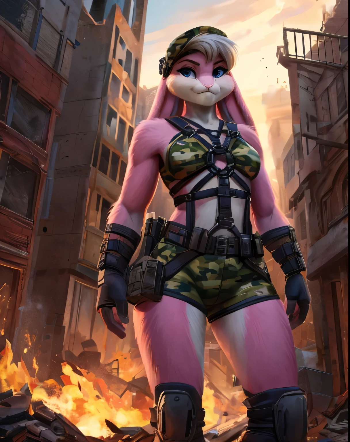 (masterpiece, best quality), 1girl, big tit), big ass, thin waist, thick thighs, toned legs, (Rabbit soldier girl :1.2), animal nose, (white and pink fur :1.2), (wearing a green camouflage top and camouflage shorts :1.2), (military equipment :1.2), (knee and elbow pads :1.1), (tactical harness :1.3), (combat boots :1.2), standing, hero pose :1.2, in a futuristic city destroyed by war, burning building in the background