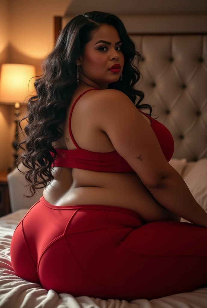 Brown female body with big breasts and big buttocks in a long transparent red dress , lying on her bed, long straight hair, eyes black, big nose , thick-thighs, thin mouth,  Waist slender ,  sexy from behind, just in panties 
