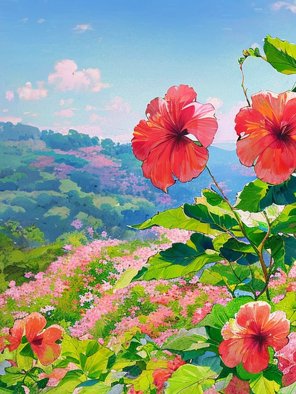 Tropical art with a hibiscus motif, Tropical Hibiscus, ((mixed color hibiscus:1.2)), Feel the summer, Summer landscape, ((masterpiece)), (Photorealistic), (High resolution, Best Quality, Super detailed), Highly detailed CG, (Highly detailed flower:1.2), No humans