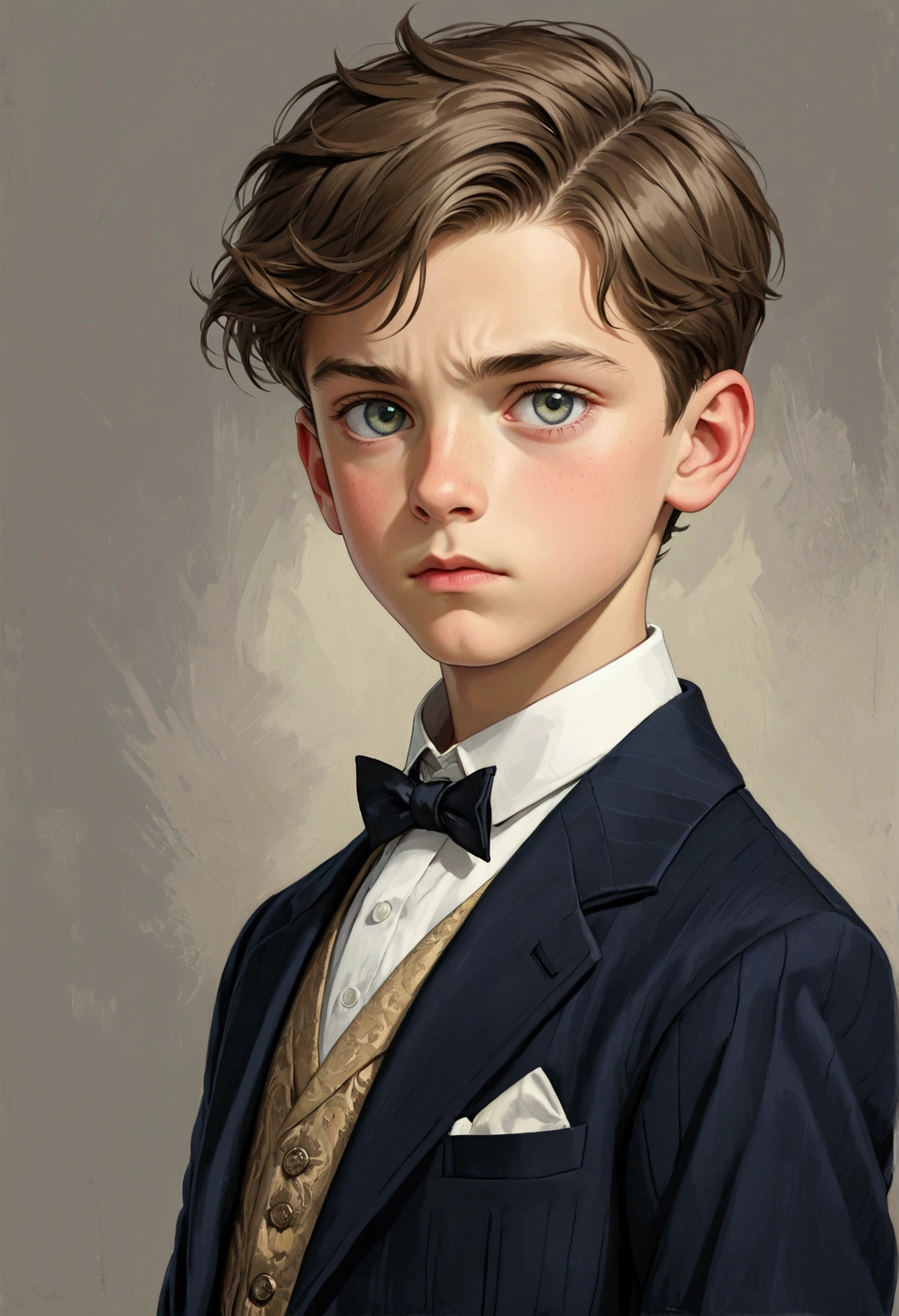 a beautiful boy, 9 years, very fine European features, Brown hair, blue eyes, very formal London clothes, sad look, peaceful look.