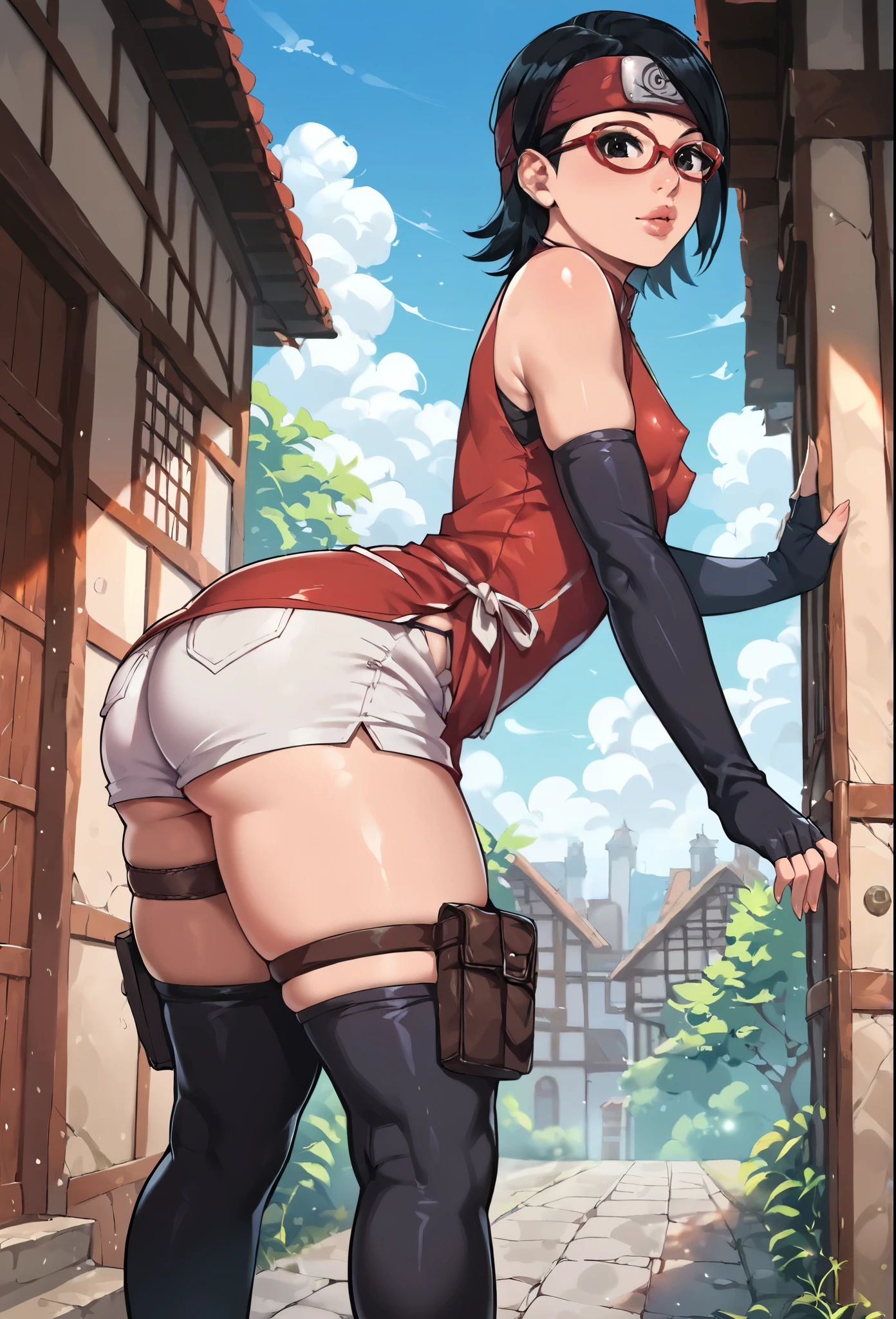 score_9_up, score_8_up, score_7_up, score_6_up, score_5_up, score_4_up, ,zPDXL2, solo, ass focus, rating_safe, perfect face, perfect eyes, D-art art Style, Sarada Uchiha, solo, 1girl, black hair, short hair, red-framed eyewear, headband, glasses, black eyes, double slit red dress, sleeveless, elbow gloves, black gloves, fingerless gloves, white shorts, black thighhighs, thigh holster, large round butt, bubble butt, gluteal fold,thick thighs ,konohagakure village pathway, small breasts ,full lips, wide hips, thick thighs, nipple bulge, Side view, sandals,
