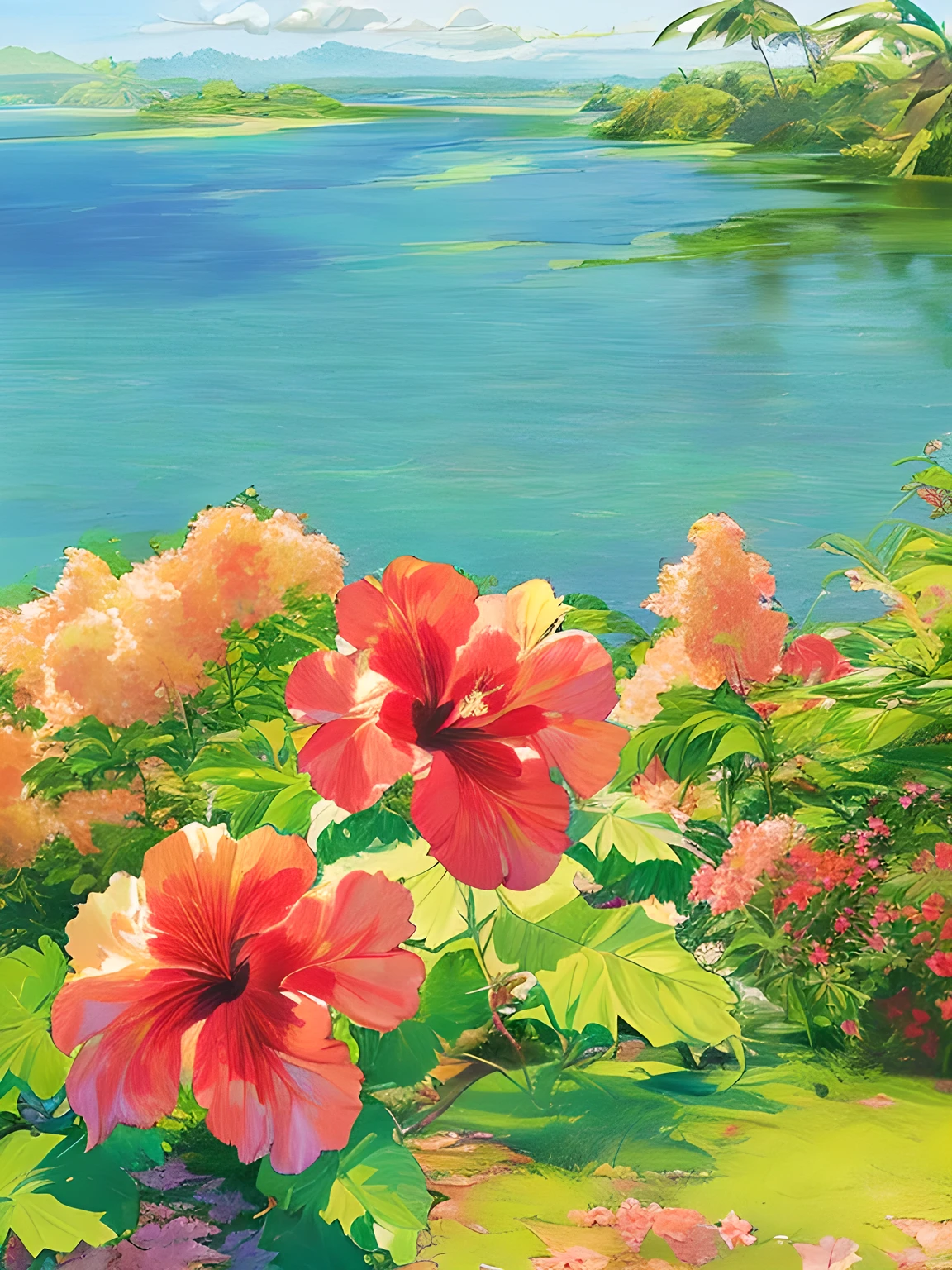 Tropical art with a hibiscus motif, Tropical Hibiscus, ((mixed color hibiscus:1.2)), Feel the summer, Summer landscape, ((masterpiece)), (Photorealistic), (High resolution, Best Quality, Super detailed), Highly detailed CG, (Highly detailed flower:1.2), No humans