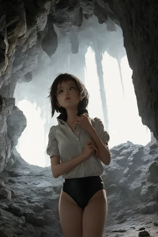 (masterpiece, highest quality),  (In the dark cave), One Girl, young teen, Black gymnastics bloomers, High leg、white blouse, standing in a dark cave , Looking up 、Anxious expression, Emotional, Wide-angle, dark, Best Shadow, watercolor,ghost、devil、Death Strikes、Fate of Death