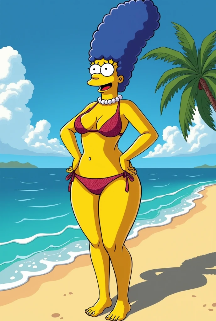 marges, (((blue hair, 1girl, solo, alone, colored skin, yellow skin))), zPDXL flat color, looking at viewer, smile,
((( red bikini, barefoot, squat, squatting, spread legs ))),
sexy pose, dynamic pose, dynamic angle, cowboy shot,
outdoor, beach, day,