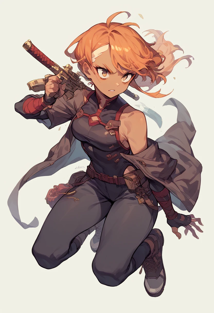 Anime mute girl, tan skin, orange hair, assassin dark clothes