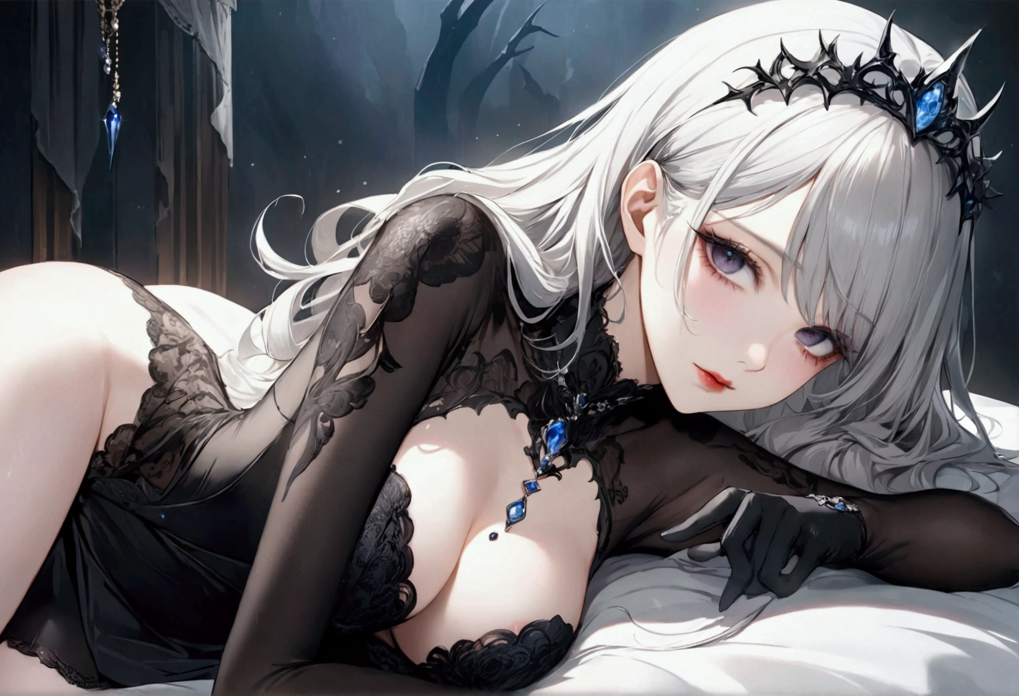 In a room of dark and mysterious hues, bathed in the silver light of the moon filtering through the velvet curtains, rests a young demone. Her pale skin contrasts with her night-black hair, scattered around her head on the silk pillow. Her wings folded gently around her, similar to those of a bat, add a touch of strangeness to her haunting beauty. She wears a light nightgown that delicately reveals her sensual curves. Her expression is peaceful, her long eyelashes shading her delicate cheeks as she dreams in a deep, enchanting sleep. Around his bed, mystical symbols and unlit candles suggest a magical and secret atmosphere. The silence of the night is broken only by his slow, steady breathing.