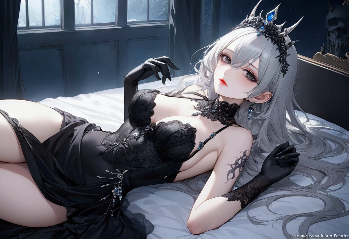 A girl with white long hair in black lingerie lies on the sofa
