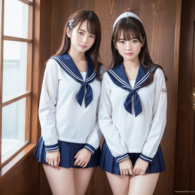 ((Highest quality)), ((masterpiece)), (detailed), Two Girls, sexy,Sailor suit